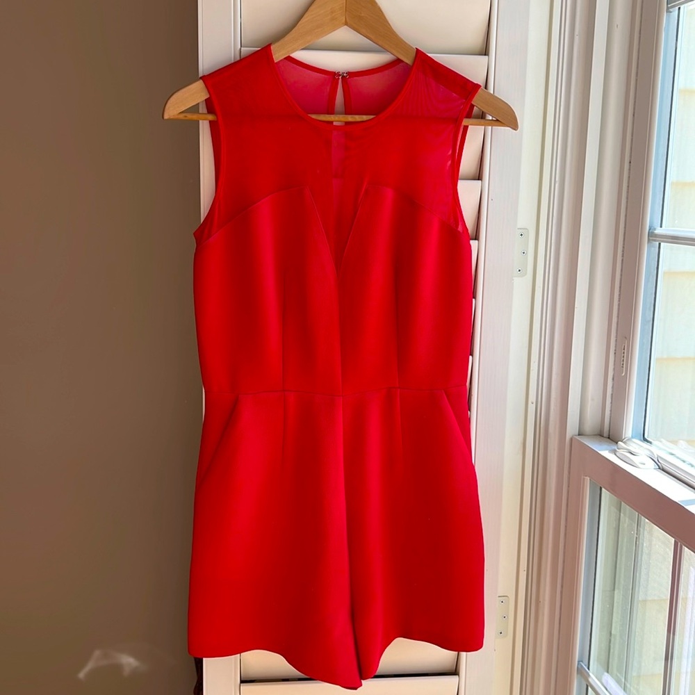 BCBGeneration Romper Sheer Back Neckline Red Pockets Sleeveless Playsuit 4